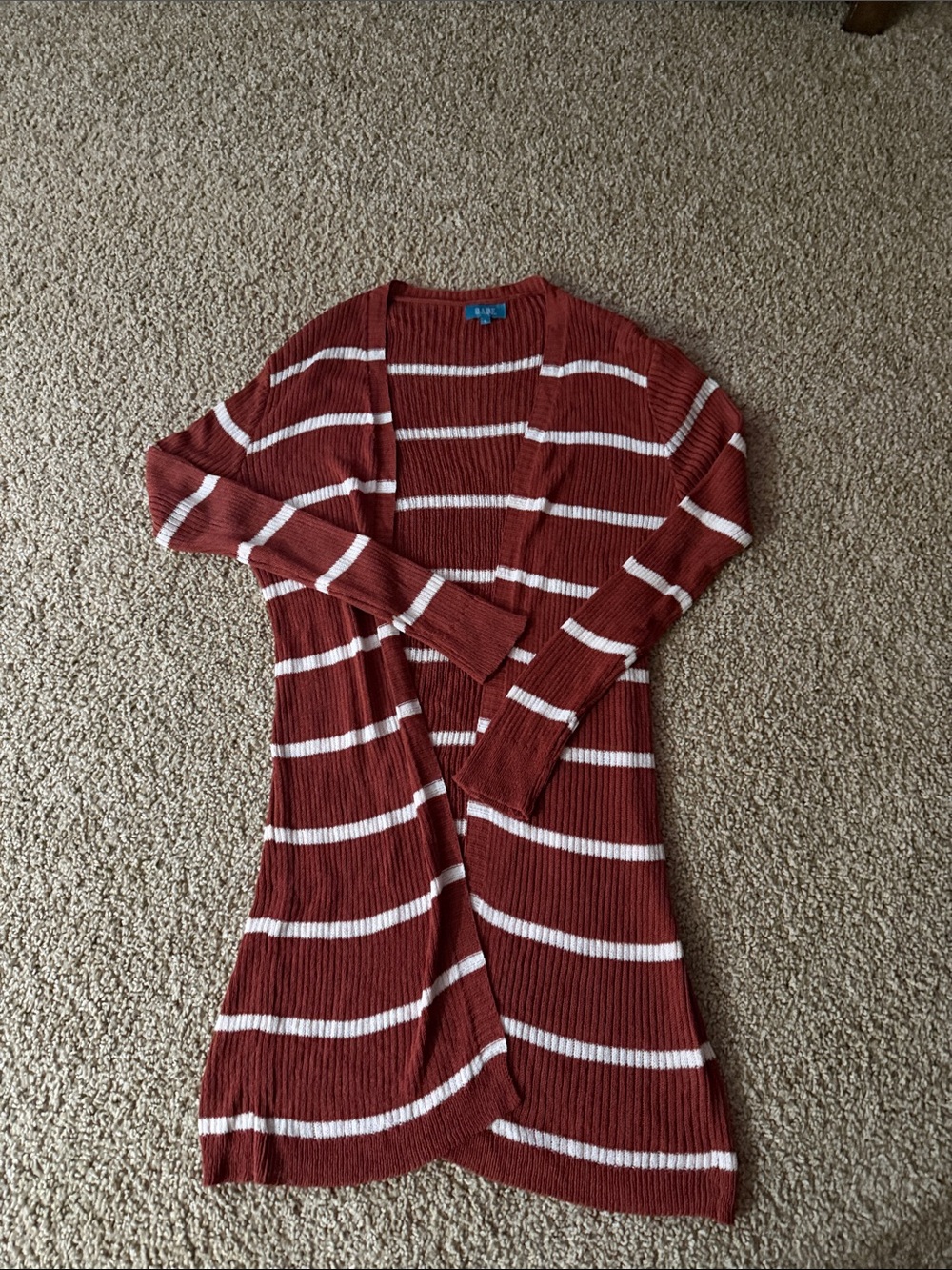 Long Open-Front Striped Cardigan Sweater - Rust and White